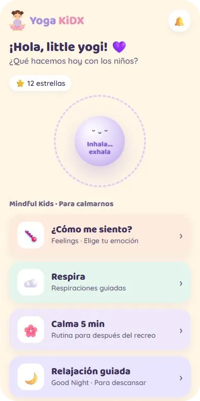 App Yoga KiDX en el celular con sus actividades de calma