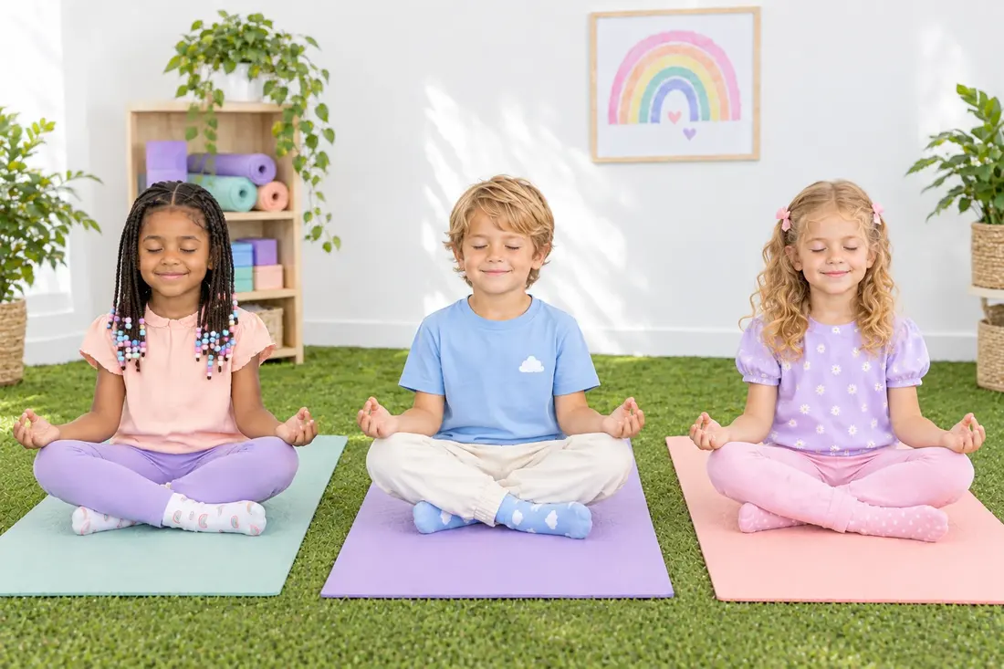 Tres niños meditando tranquilos sobre sus tapetes de yoga