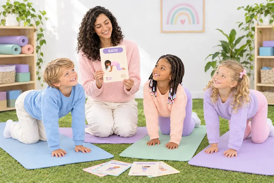 Instructora con niños concentrados en clase de yoga