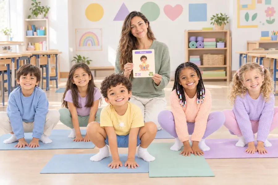 Maestra con sus alumnos tranquilos practicando yoga