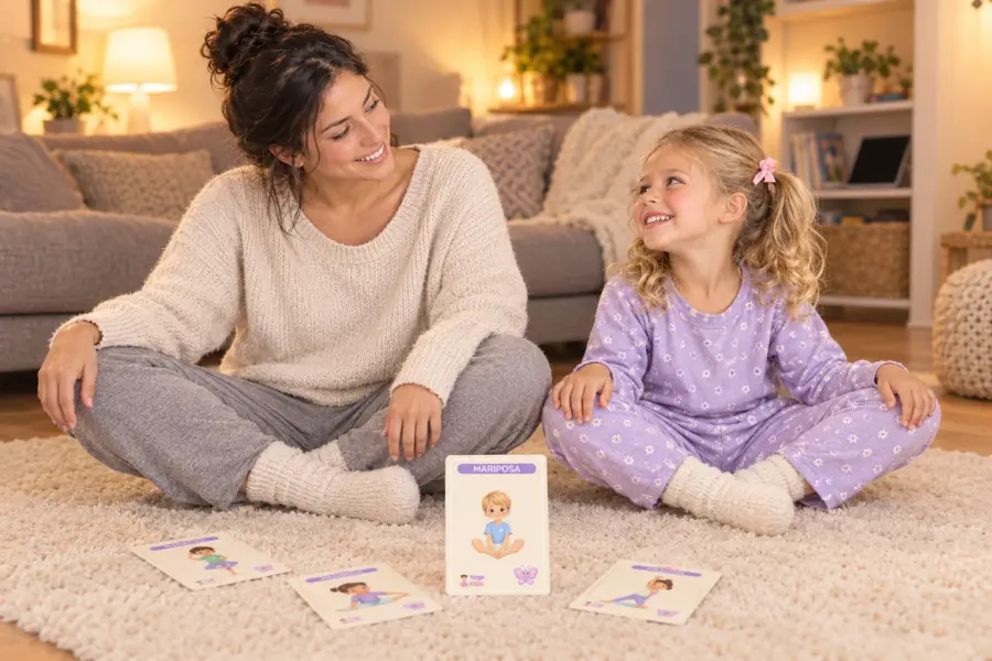 Mamá e hija practicando yoga en casa