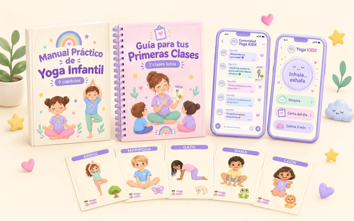 Todo lo que recibes: 160 cartas de yoga, App Yoga KiDX con música, Manual, Guía de primeras clases y Comunidad